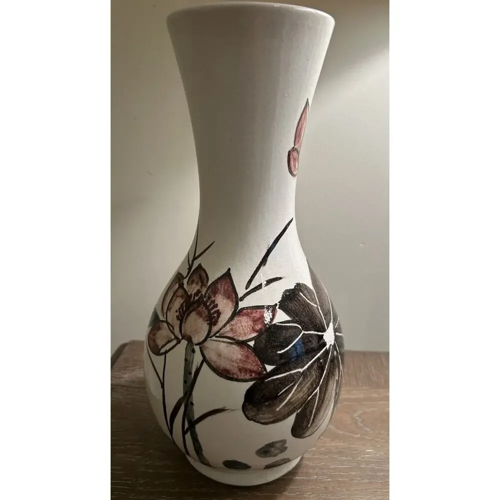 Vtg Japanese Lotus Crackle‎ Glaze White Vase Hand Painted Pink Floral 12.5” MCM